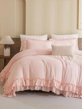 Petal Pink King Size Bed Comforter Set Blush French Shabby Chic Ruffle Bedding